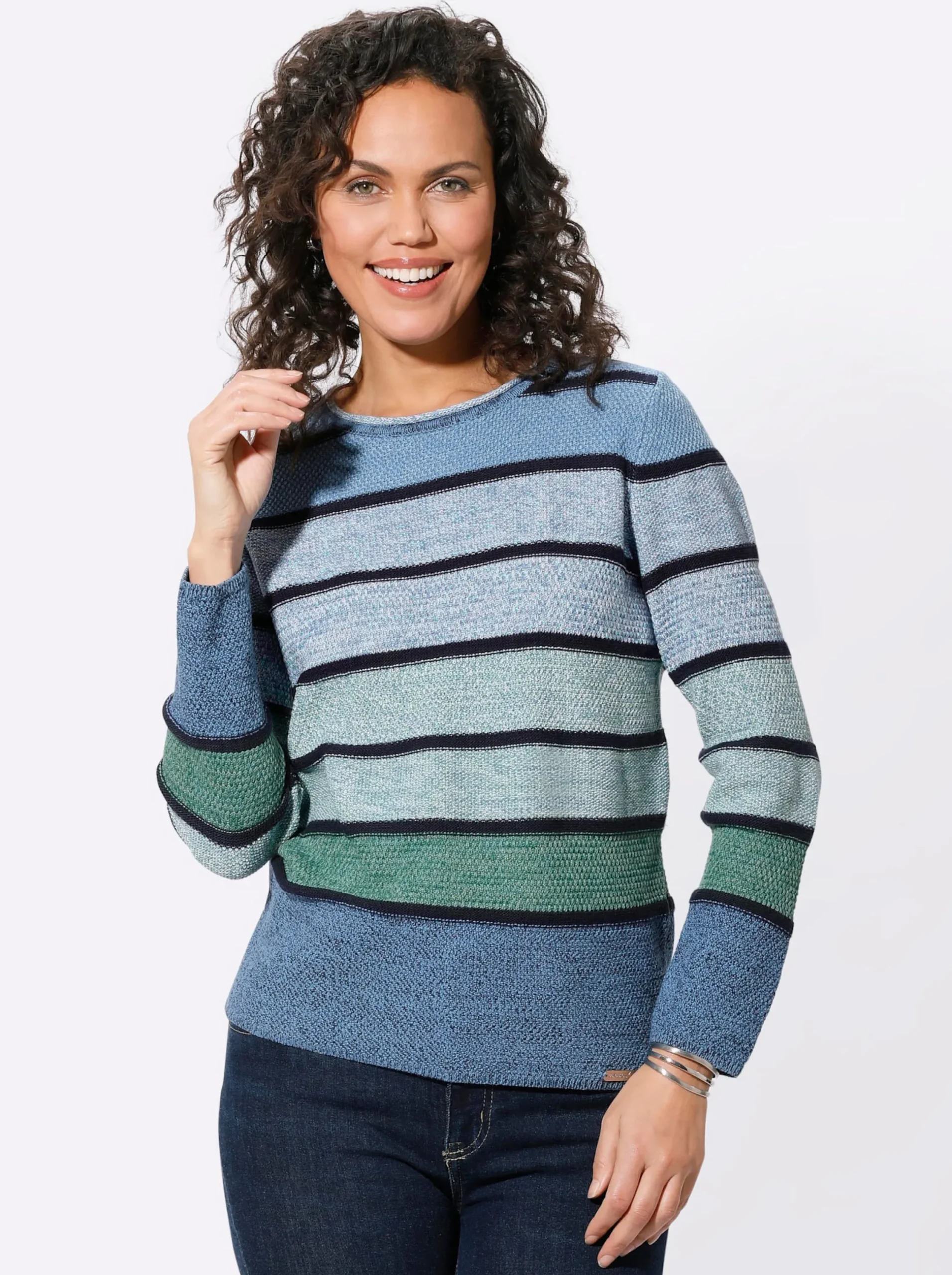 Pullover| Rundhalspullover mit Ringeln mittelblau-grün-geringelt
