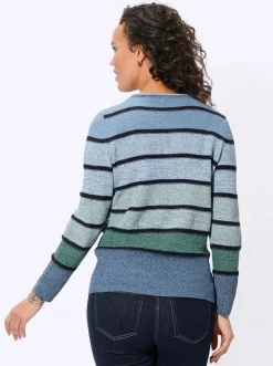 Pullover| Rundhalspullover mit Ringeln mittelblau-grün-geringelt