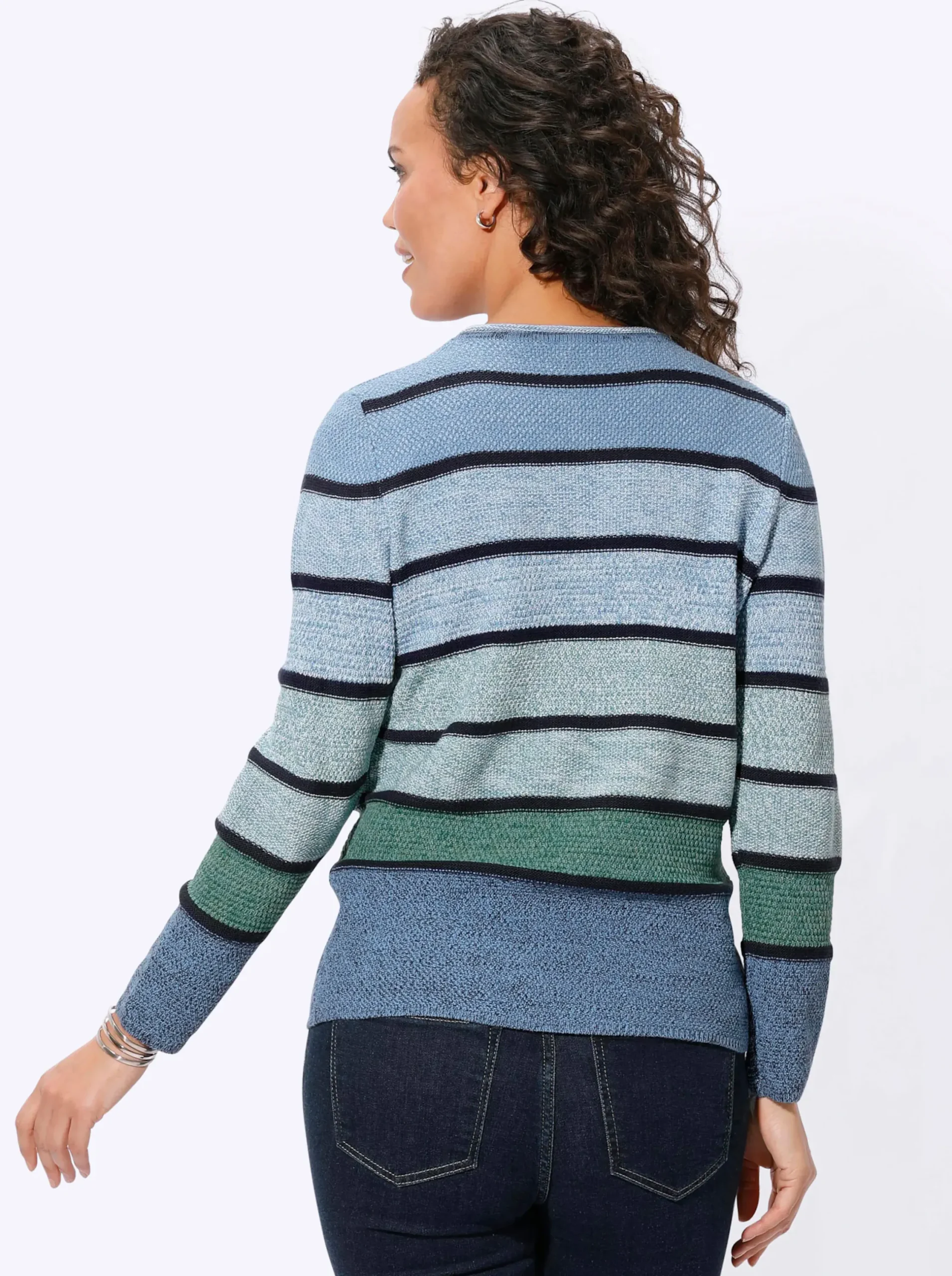 Pullover| Rundhalspullover mit Ringeln mittelblau-grün-geringelt