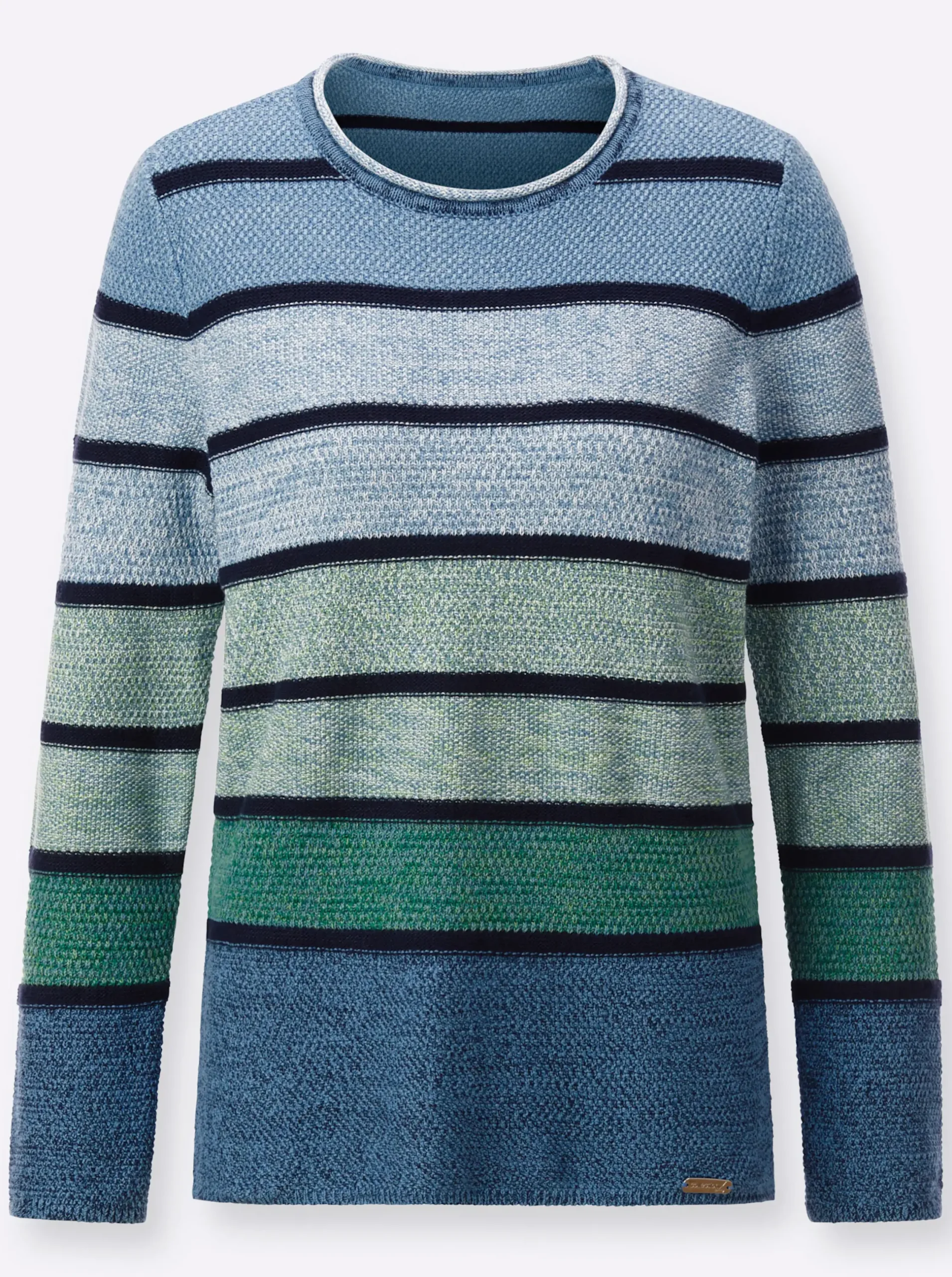 Pullover| Rundhalspullover mit Ringeln mittelblau-grün-geringelt