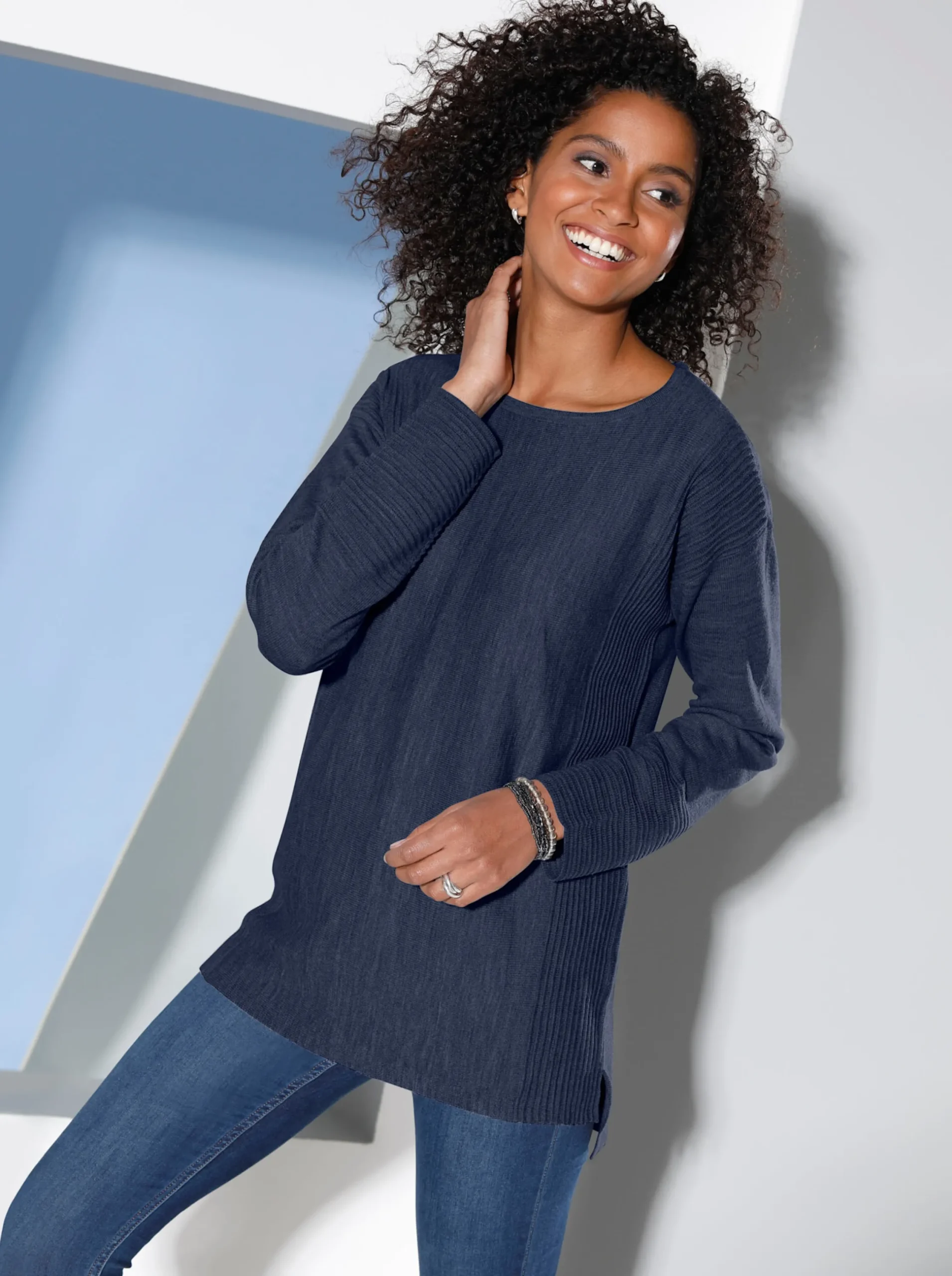 Pullover| Rundhalspullover mit Ripp-Details marine