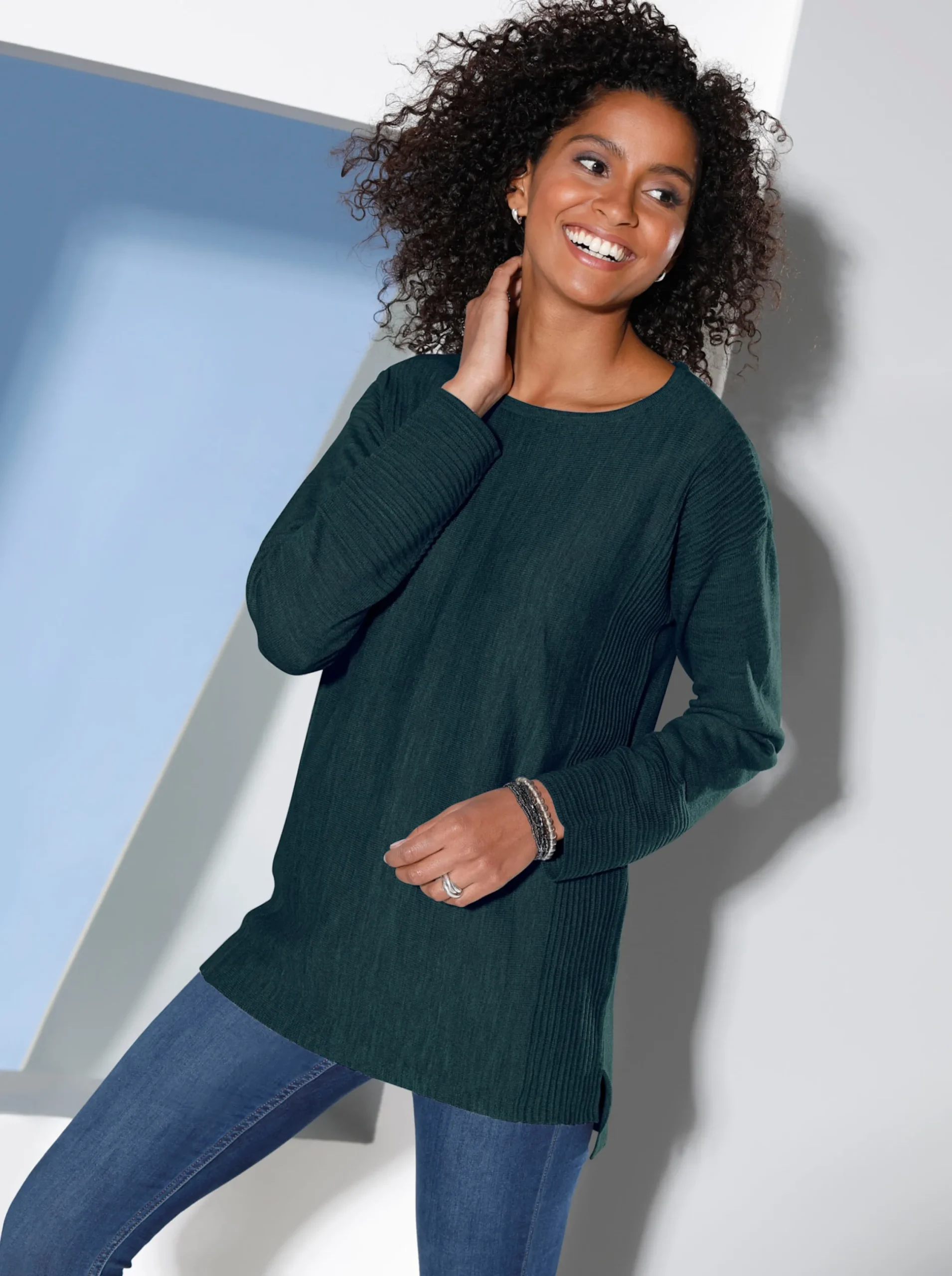 Pullover| Rundhalspullover mit Ripp-Details tannengrün