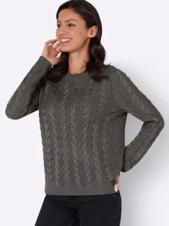 Pullover| Rundhalspullover mit Zopfmuster grau