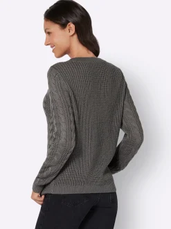Pullover| Rundhalspullover mit Zopfmuster grau