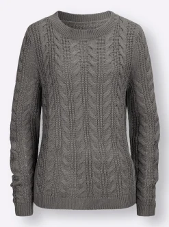 Pullover| Rundhalspullover mit Zopfmuster grau