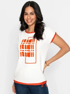Shirts| Rundhalsshirt ecru-orange-bedruckt