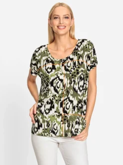 Shirts|heine Rundhalsshirt champagner-oliv-bedruckt