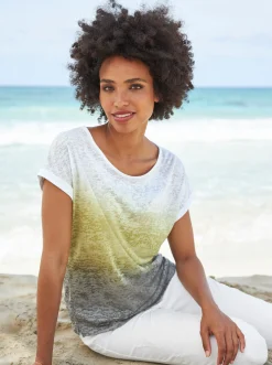Strandmode|heine Rundhalsshirt ecru-khaki-gemustert