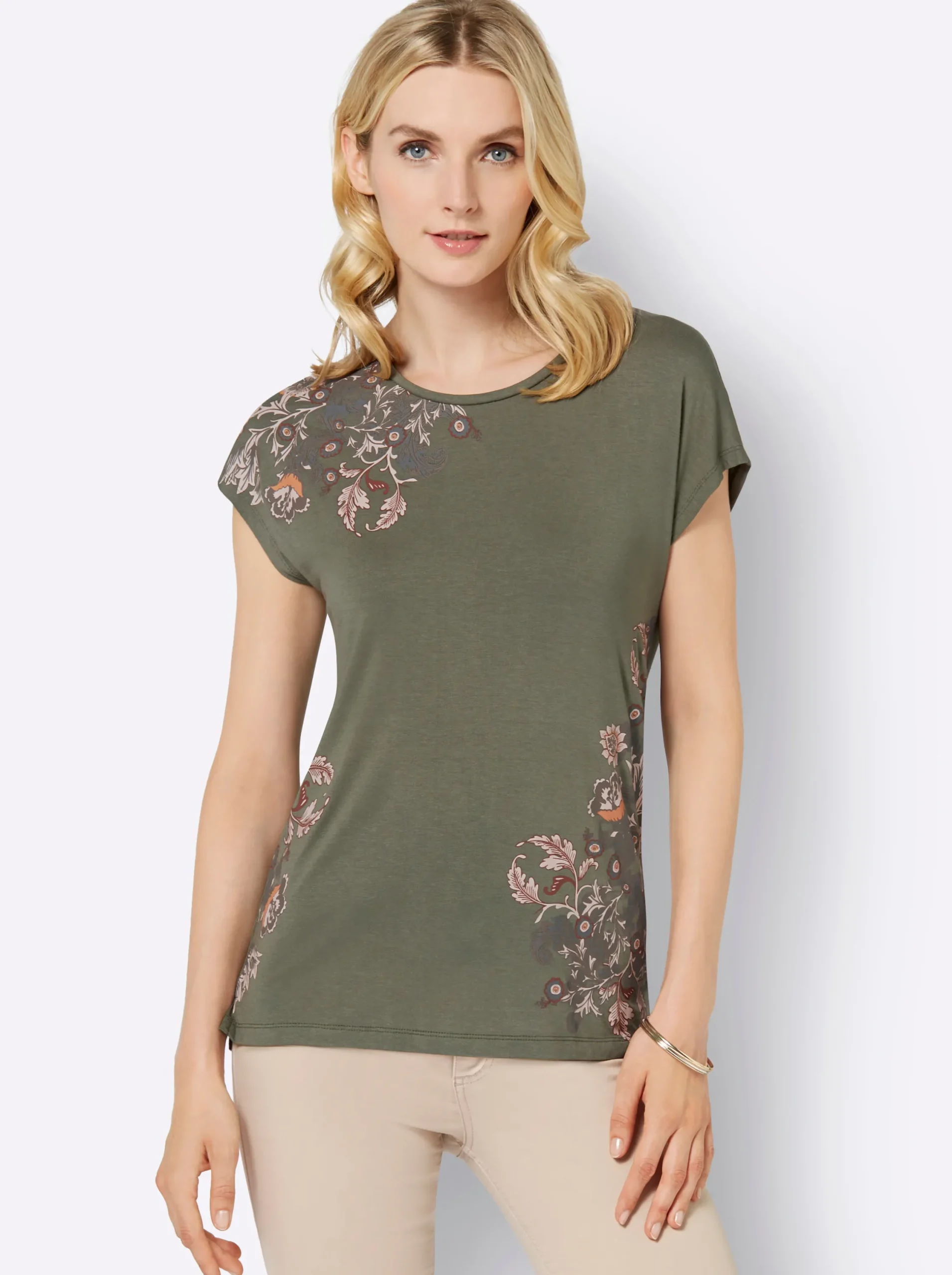 Shirts| Rundhalsshirt khaki-papaya-bedruckt