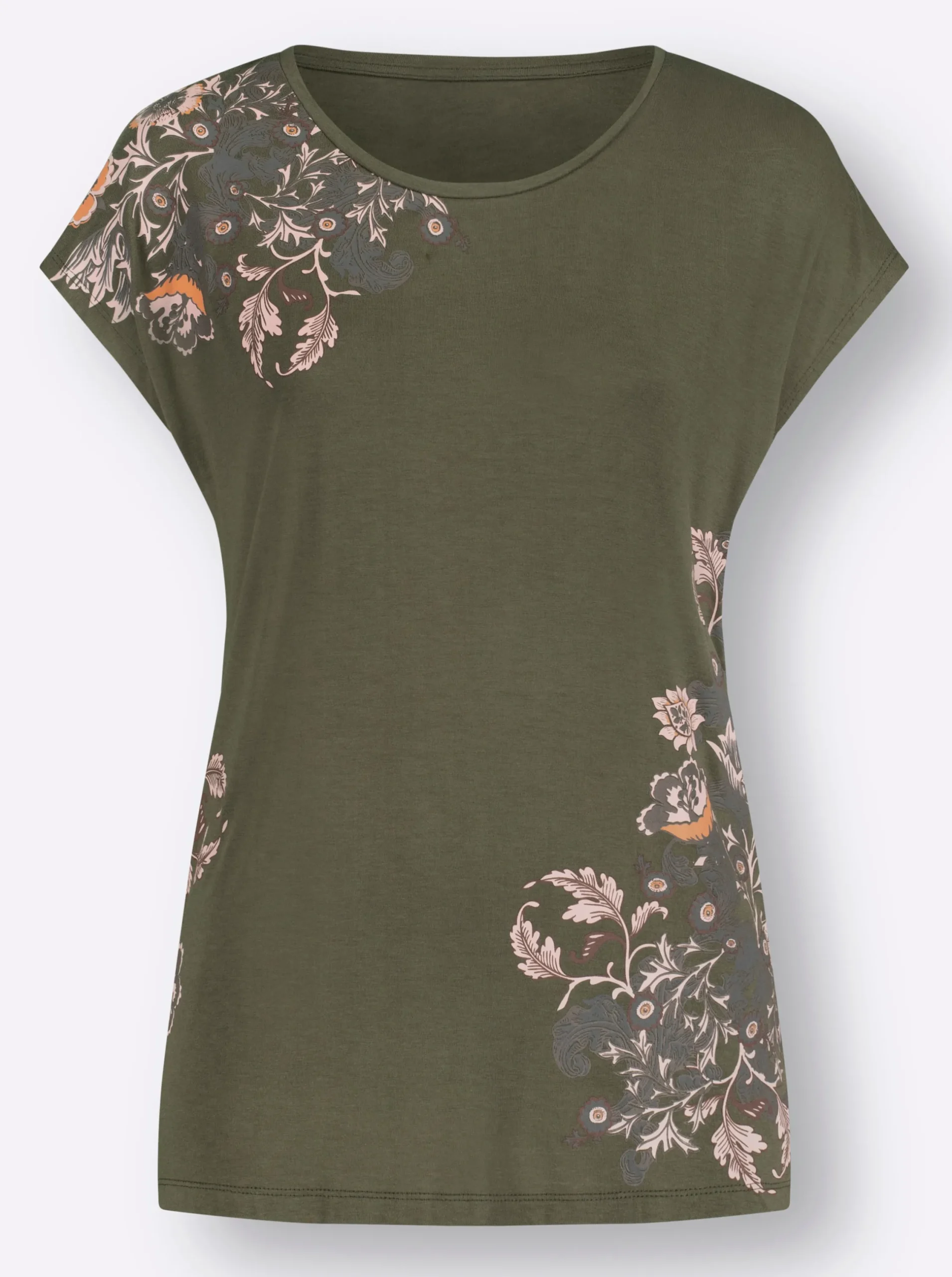 Shirts| Rundhalsshirt khaki-papaya-bedruckt