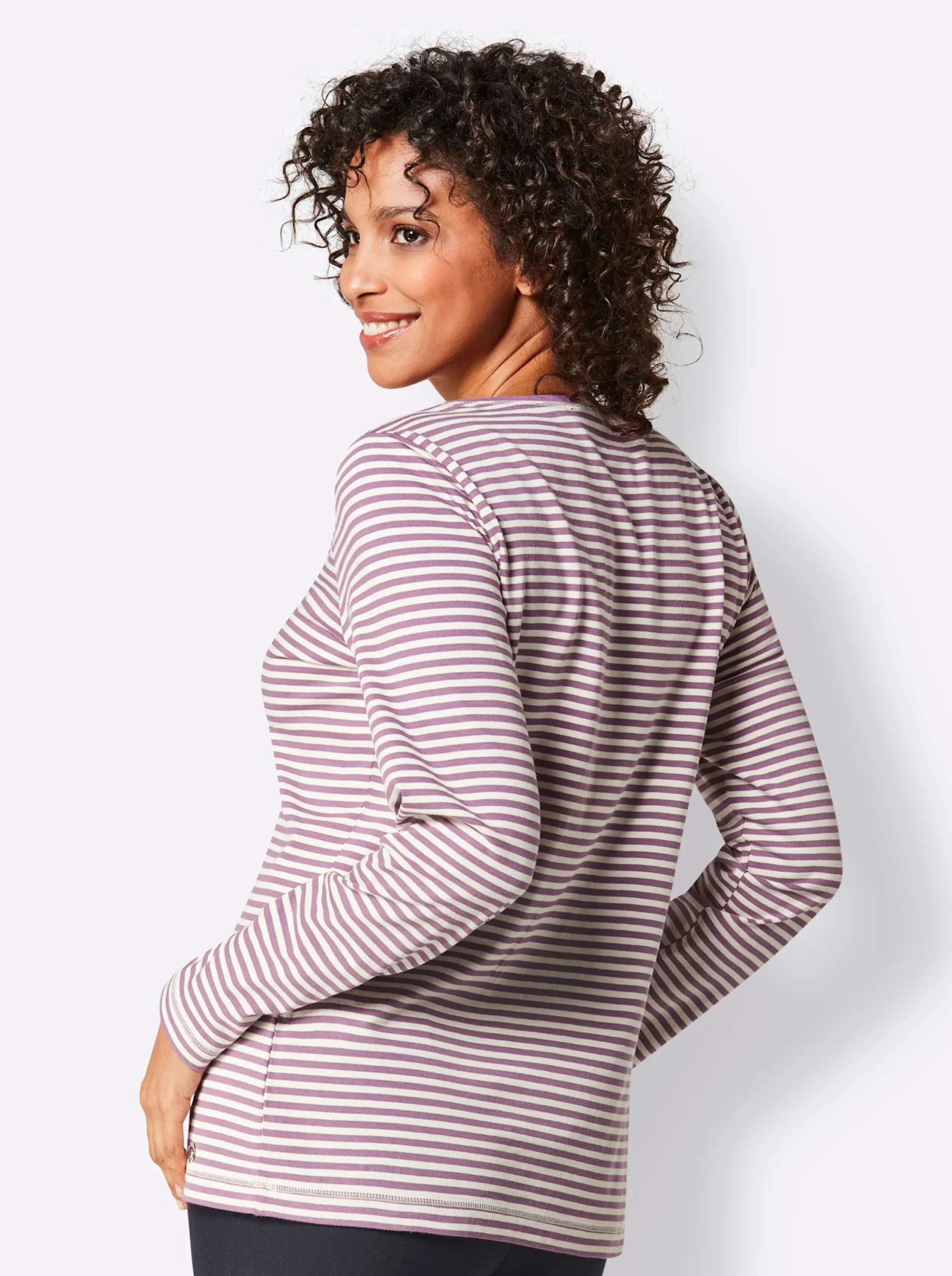 Shirts|CREATION L PREMIUM Rundhalsshirt violett-ecru-geringelt