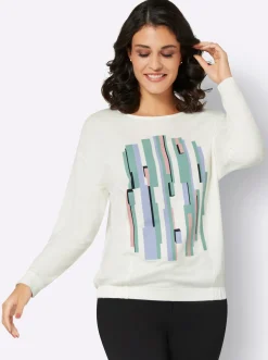 Pullover| Rundhalsshirt ecru-hellblau-bedruckt