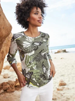 Shirts|heine Rundhalsshirt mit abgerundetem Saum khaki-ecru-bedruckt