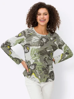 Shirts|heine Rundhalsshirt mit abgerundetem Saum khaki-ecru-bedruckt