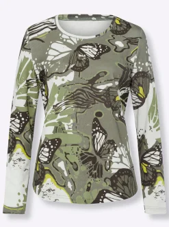 Shirts|heine Rundhalsshirt mit abgerundetem Saum khaki-ecru-bedruckt