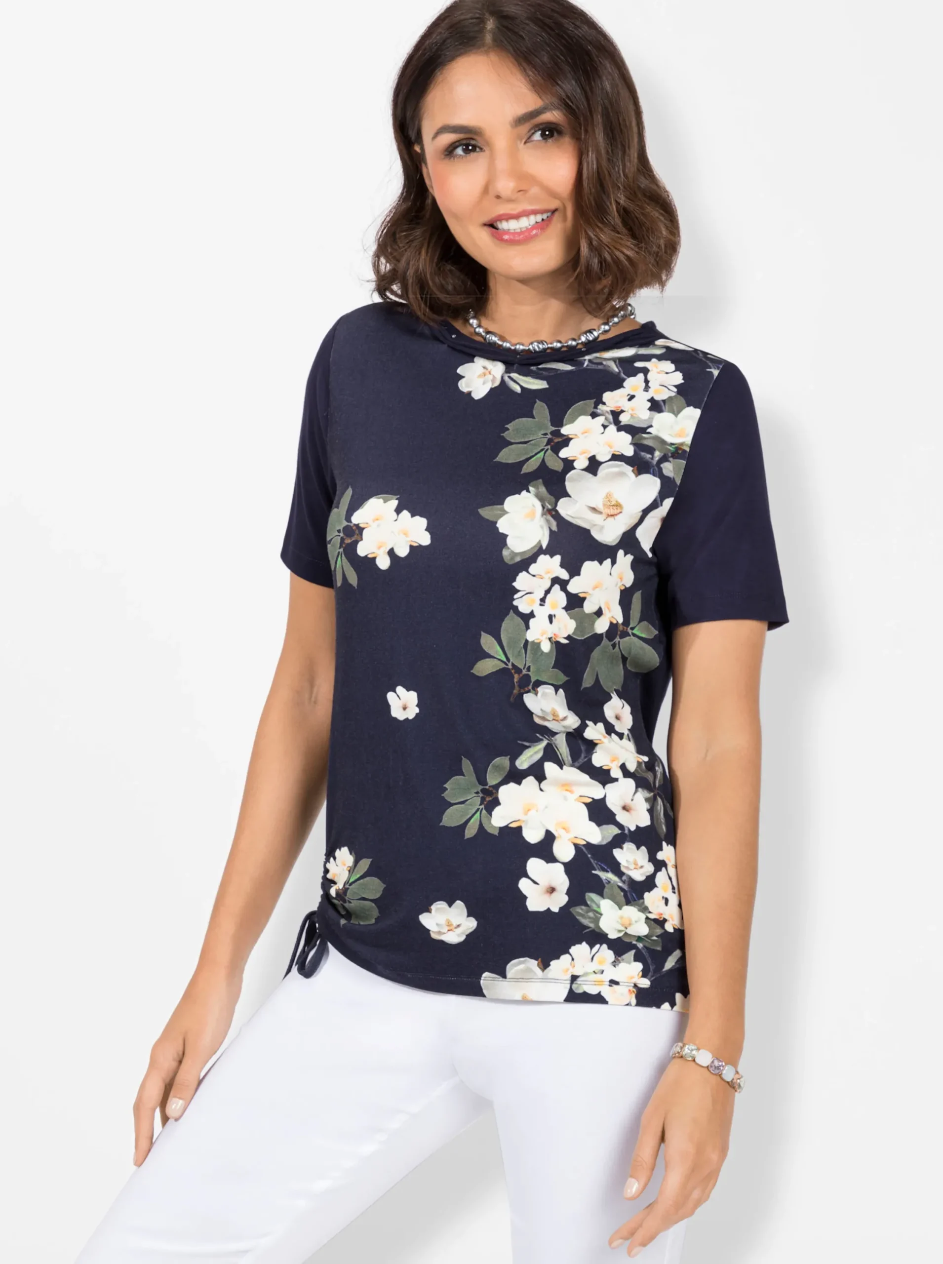 Shirts| Rundhalsshirt mit Bindebändchen marine-ecru-bedruckt