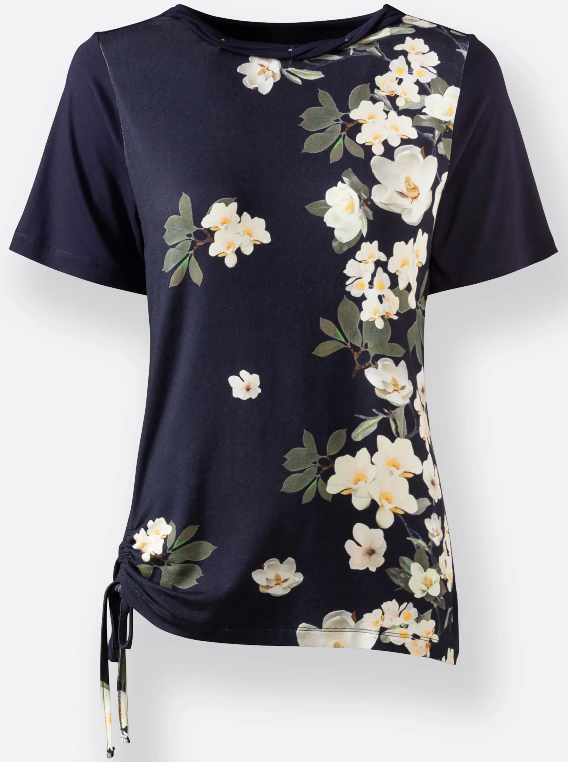 Shirts| Rundhalsshirt mit Bindebändchen marine-ecru-bedruckt