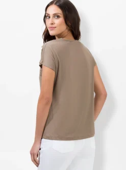 Shirts| Rundhalsshirt mit Blüten-Applikation und Stickerei sesam