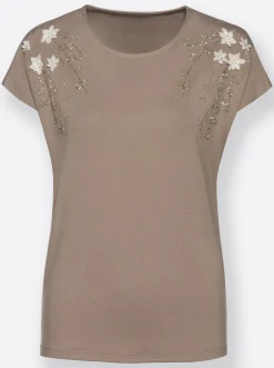 Shirts| Rundhalsshirt mit Blüten-Applikation und Stickerei sesam