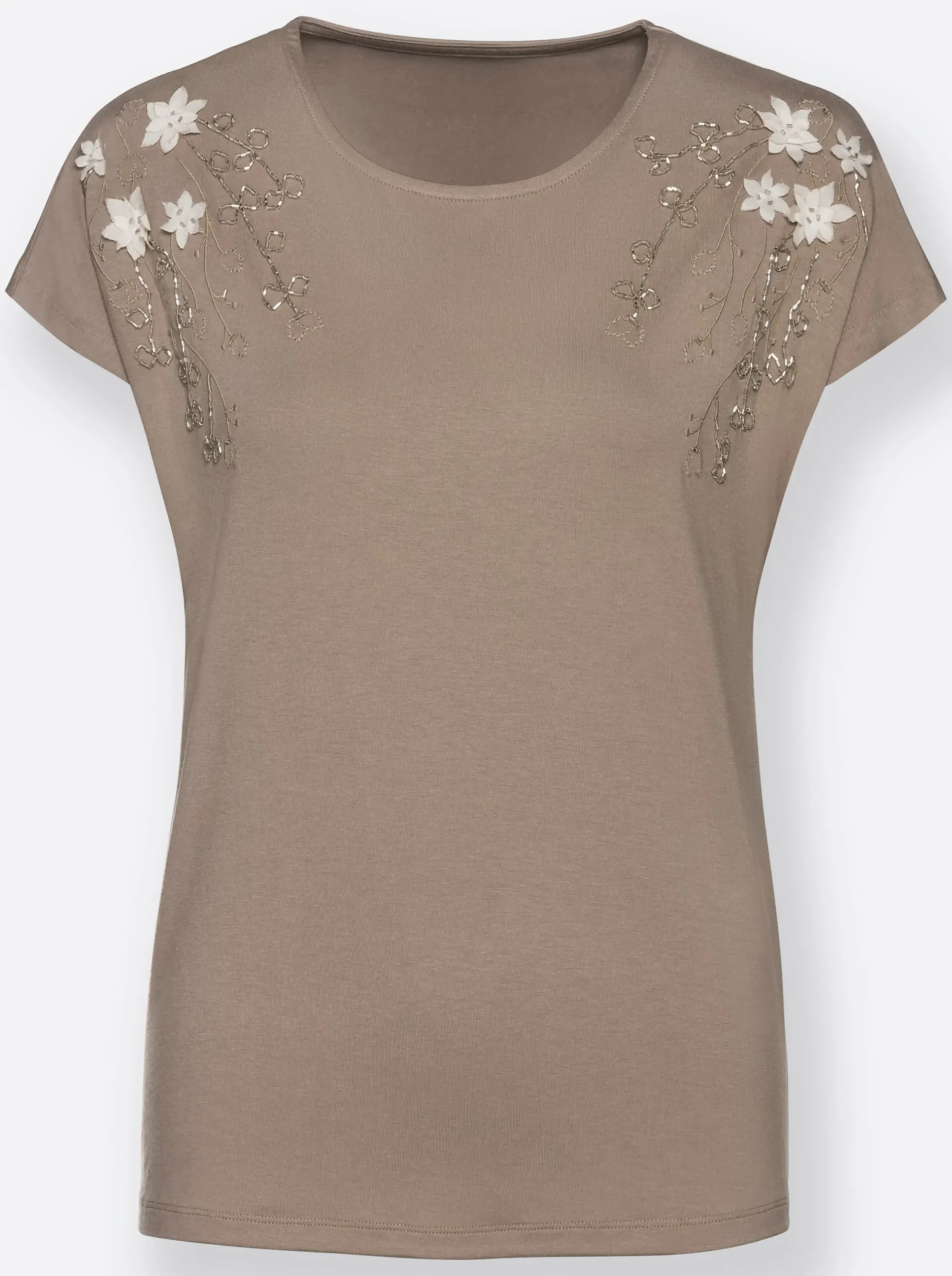 Shirts| Rundhalsshirt mit Blüten-Applikation und Stickerei sesam