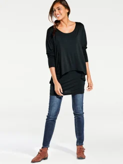 Basics|heine Rundhalsshirt mit Fledermaus-Ärmeln schwarz