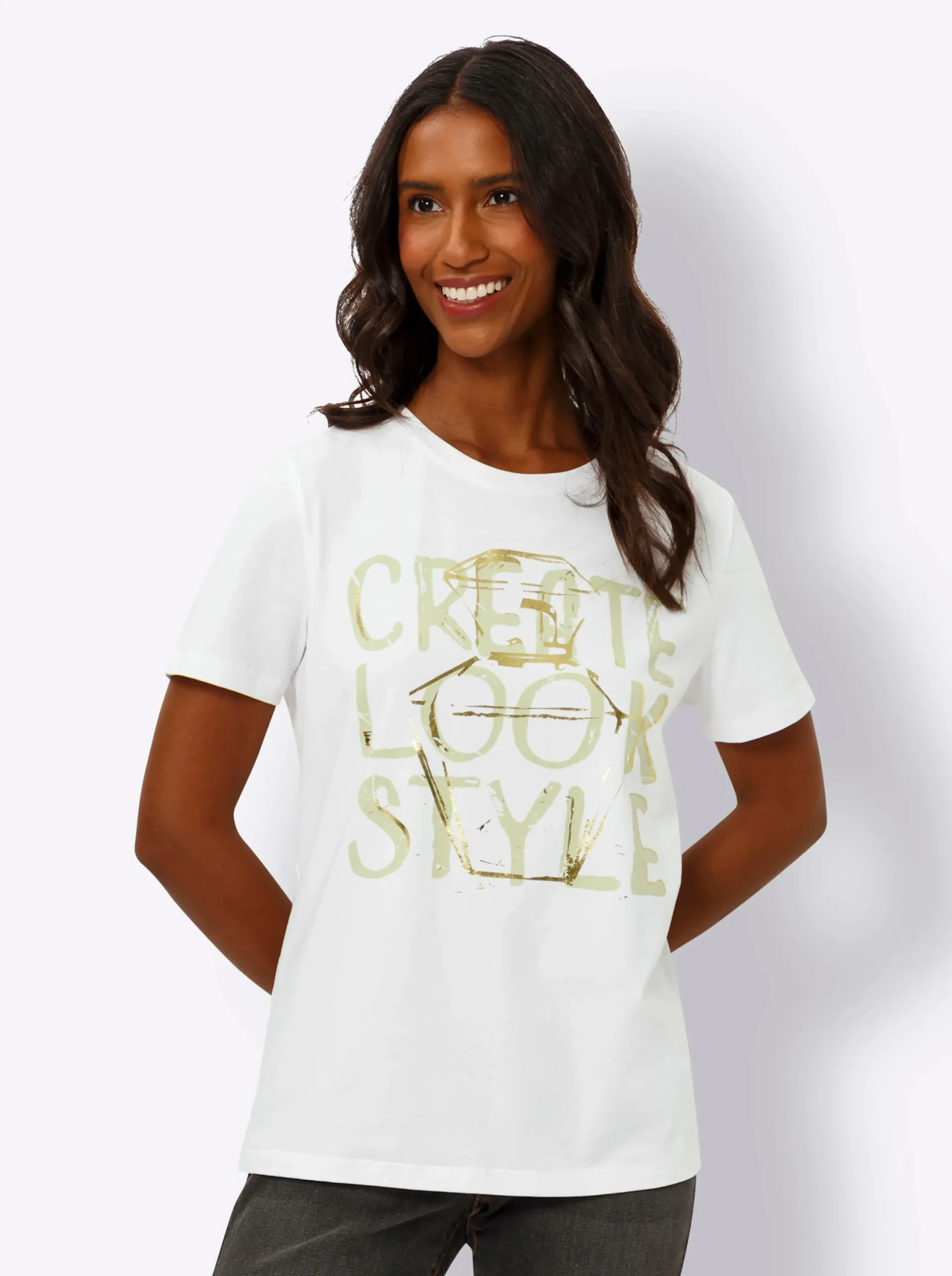 Shirts|heine Rundhalsshirt mit Folien-Schriftzug weiß