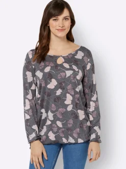 Shirts| Rundhalsshirt mit Gingko-Blättern hellgrau-mauve-bedruckt
