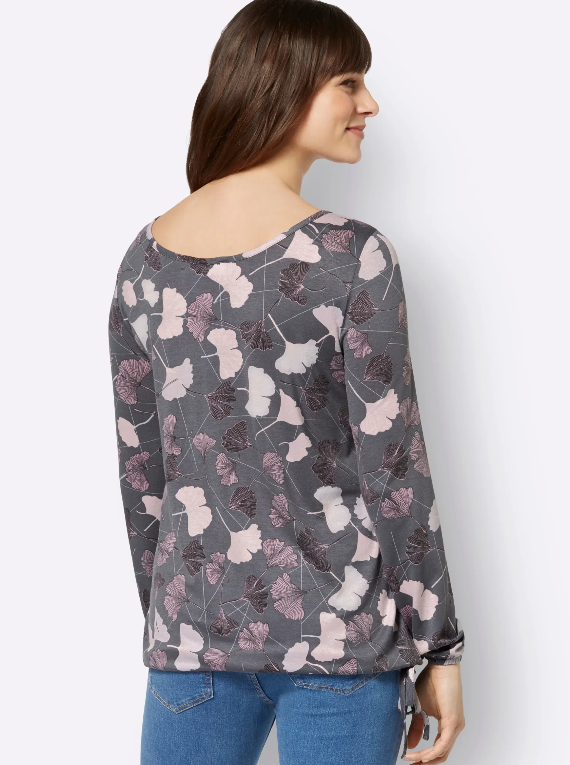 Shirts| Rundhalsshirt mit Gingko-Blättern hellgrau-mauve-bedruckt