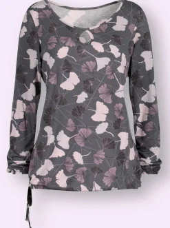 Shirts| Rundhalsshirt mit Gingko-Blättern hellgrau-mauve-bedruckt