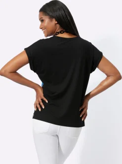 Pullover|Shirts| Rundhalsshirt mit Glanzdruck türkis-schwarz-bedruckt