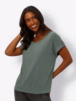Shirts|heine Rundhalsshirt mit Glanzgarn khaki-goldfarben-geringelt