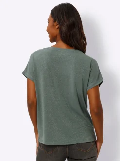 Shirts|heine Rundhalsshirt mit Glanzgarn khaki-goldfarben-geringelt