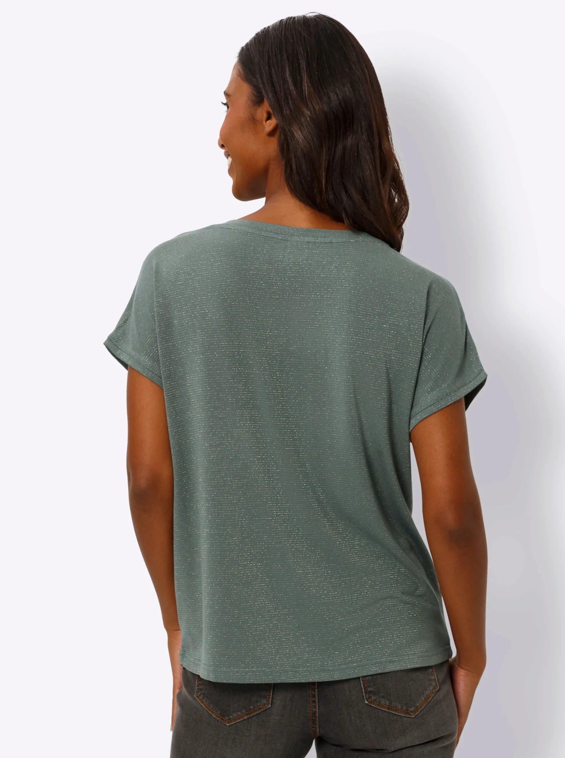 Shirts|heine Rundhalsshirt mit Glanzgarn khaki-goldfarben-geringelt