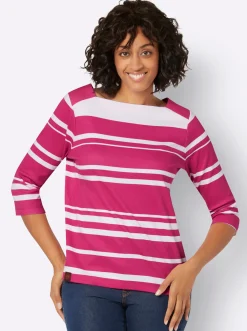 Shirts| Rundhalsshirt mit Karree-Ausschnitt fuchsia-weiß-gestreift