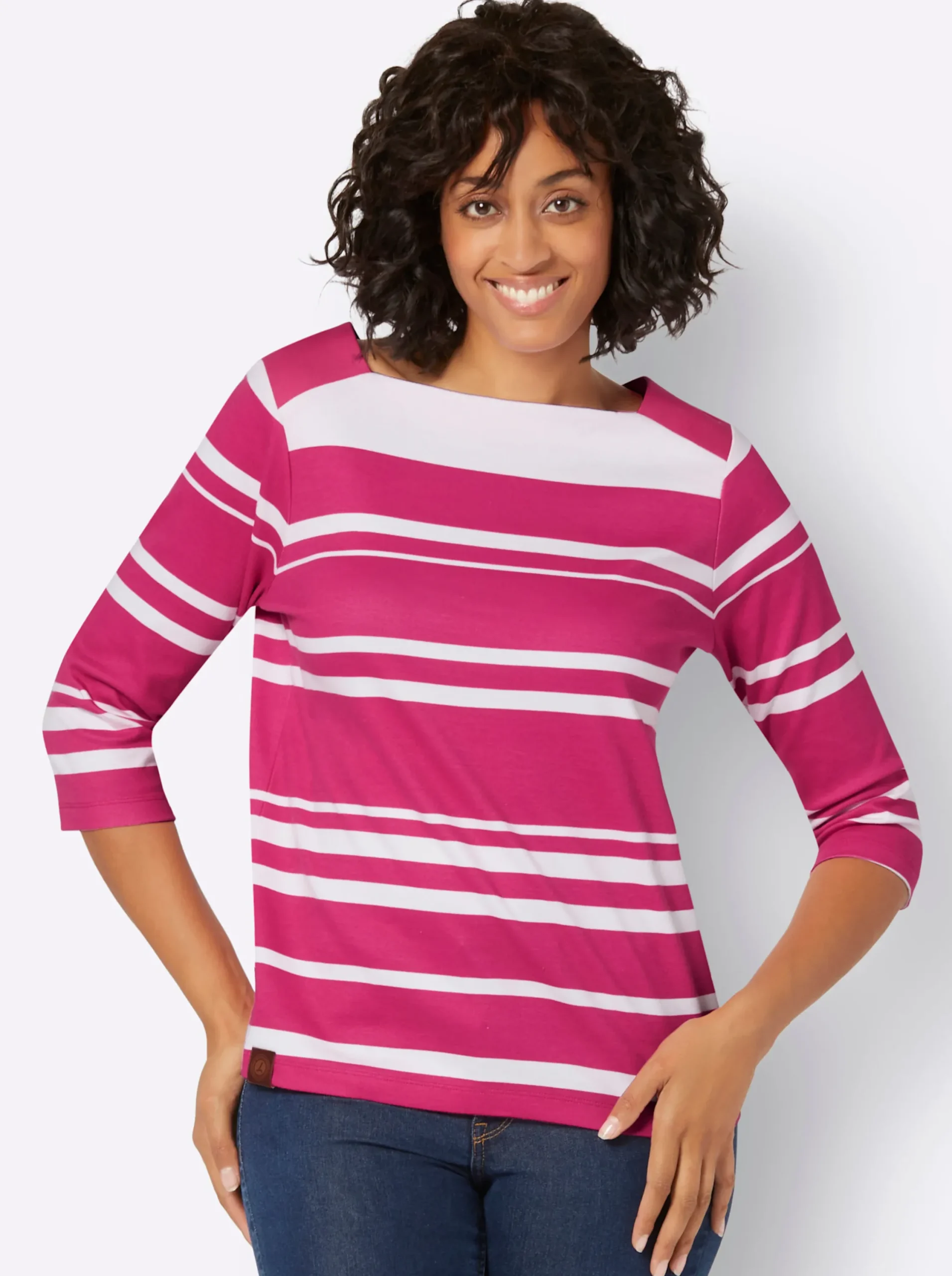 Shirts| Rundhalsshirt mit Karree-Ausschnitt fuchsia-weiß-gestreift