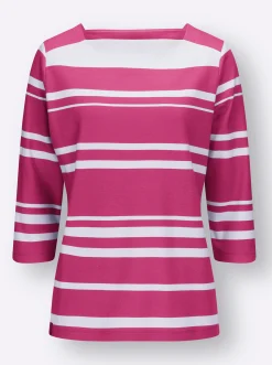 Shirts| Rundhalsshirt mit Karree-Ausschnitt fuchsia-weiß-gestreift