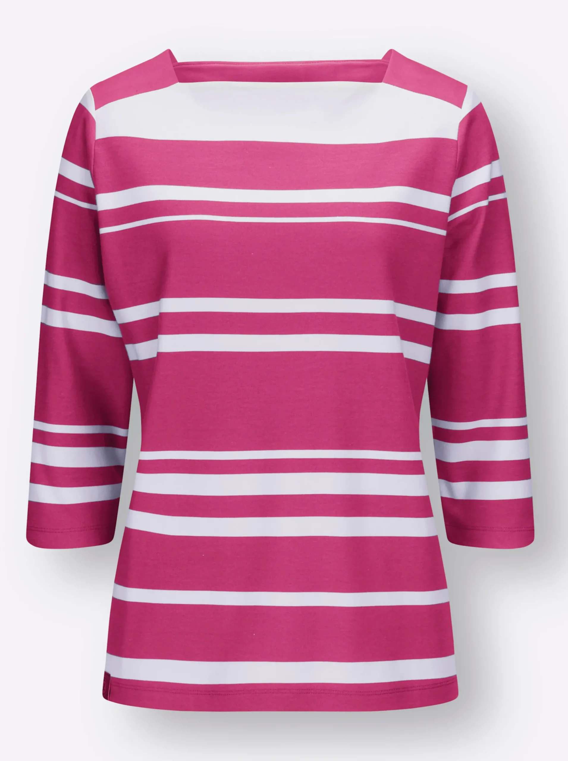 Shirts| Rundhalsshirt mit Karree-Ausschnitt fuchsia-weiß-gestreift