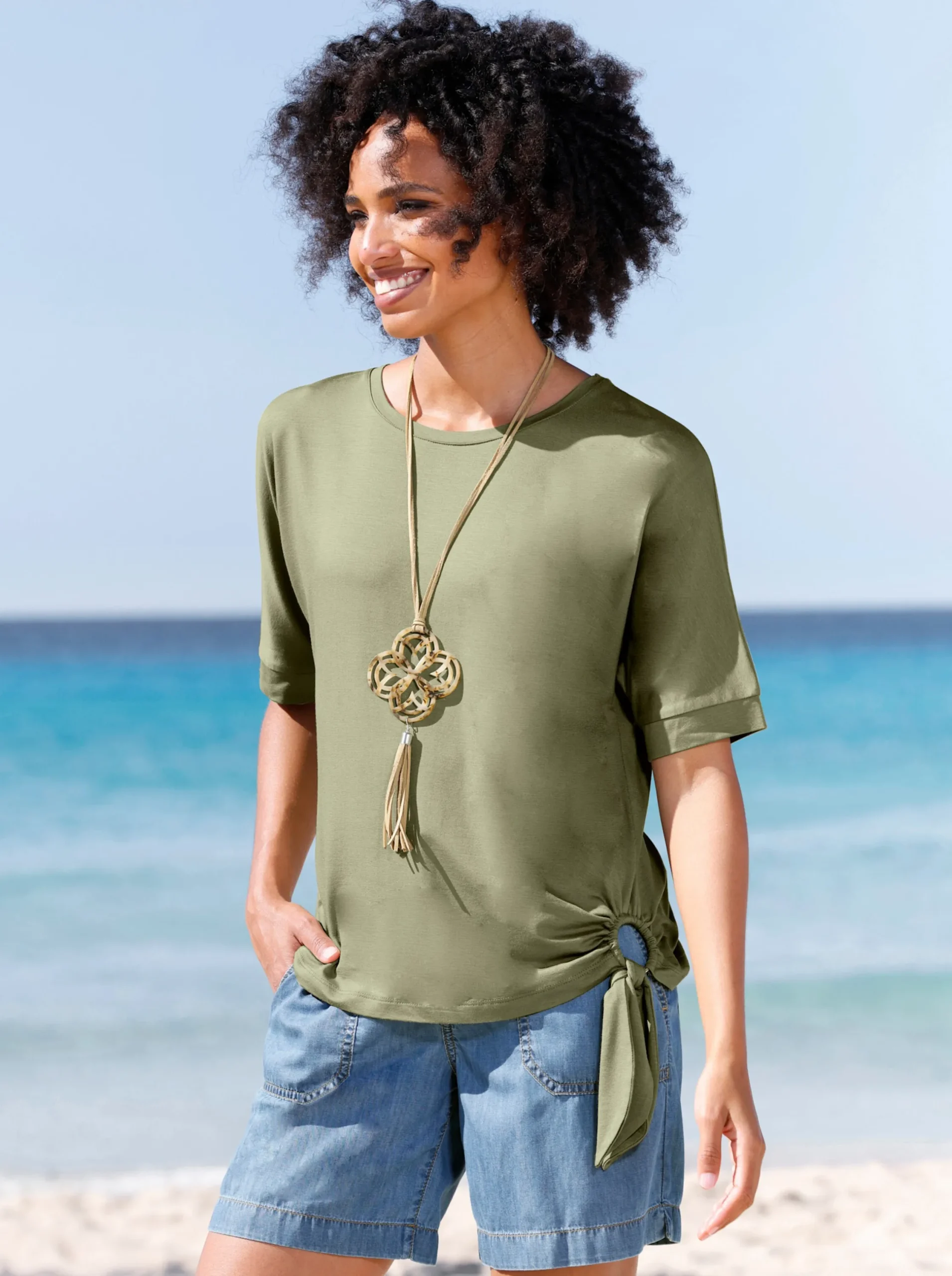 Shirts|heine Rundhalsshirt mit Knoten-Detail am Saum khaki
