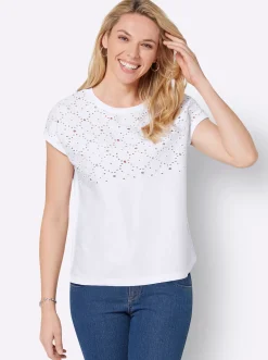 Shirts| Rundhalsshirt mit Lochstickerei ecru