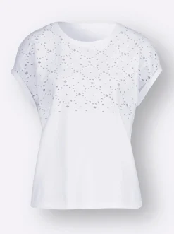 Shirts| Rundhalsshirt mit Lochstickerei ecru
