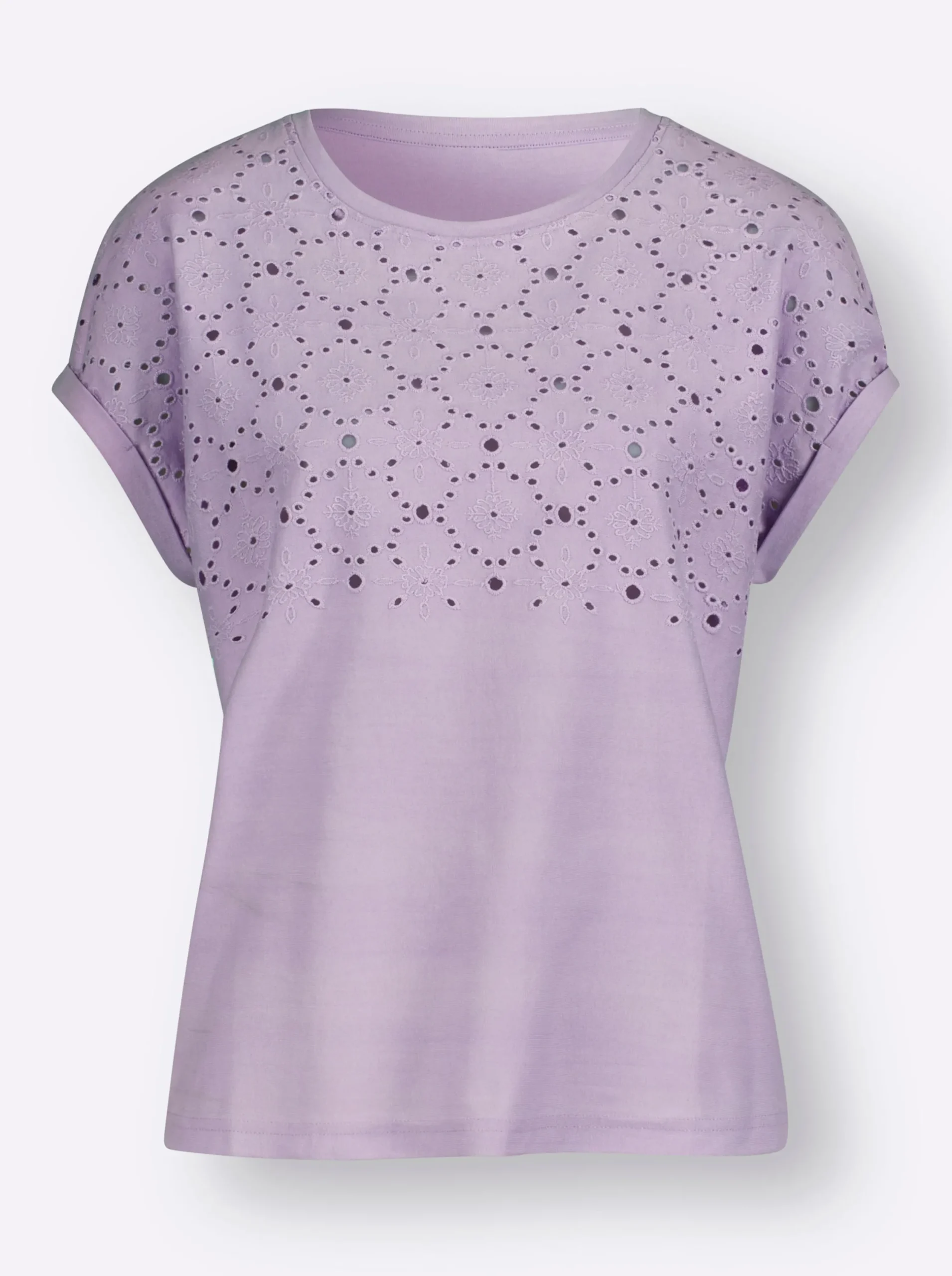 Shirts| Rundhalsshirt mit Lochstickerei flieder