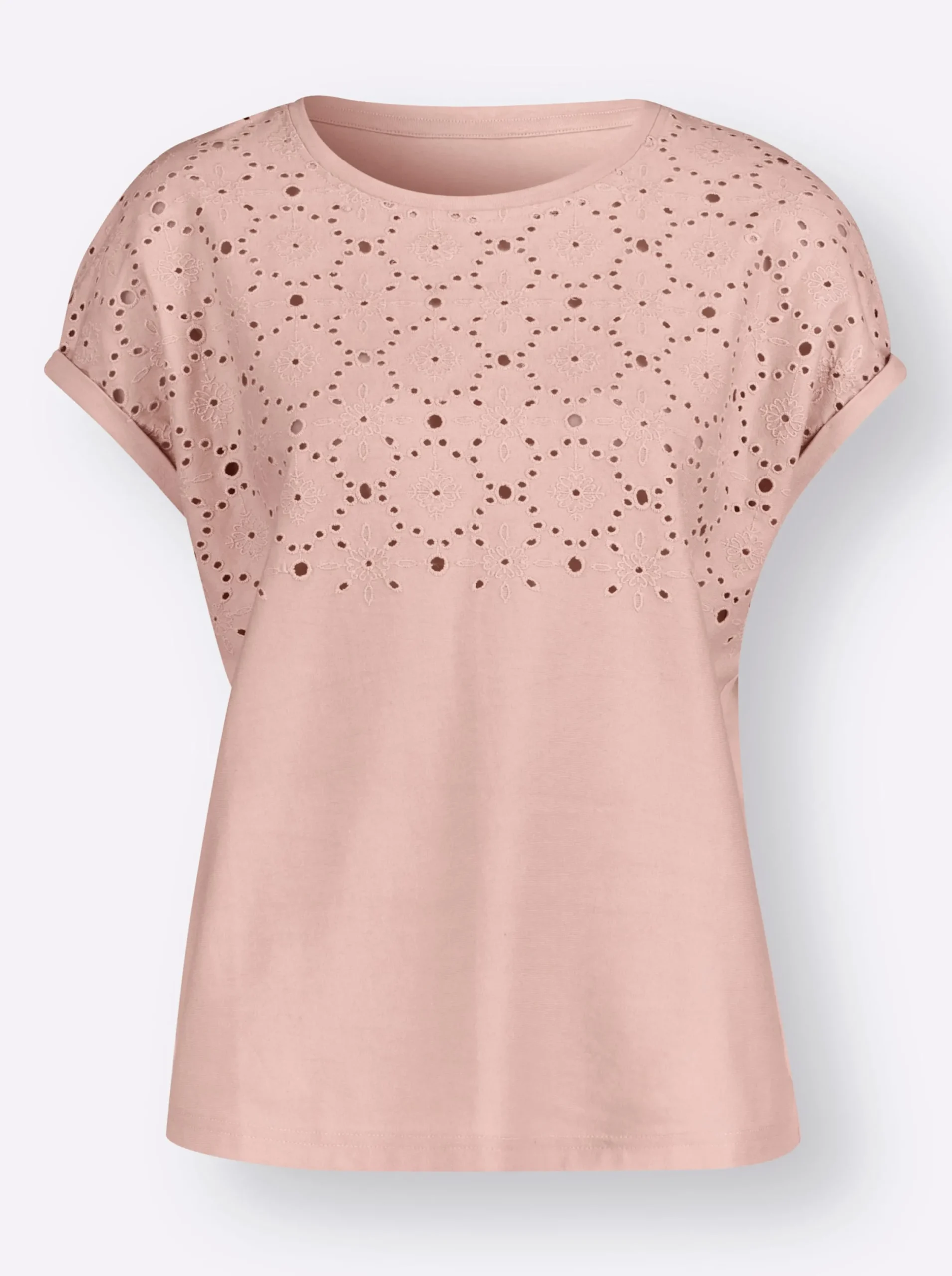 Shirts| Rundhalsshirt mit Lochstickerei puder