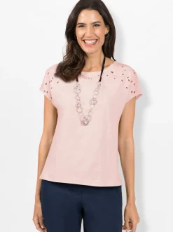 Shirts| Rundhalsshirt mit Loch-Stickerei hellrosé