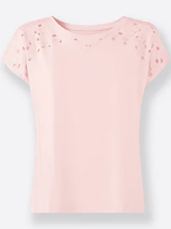 Shirts| Rundhalsshirt mit Loch-Stickerei hellrosé