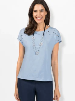 Shirts| Rundhalsshirt mit Loch-Stickerei eisblau