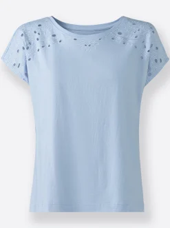 Shirts| Rundhalsshirt mit Loch-Stickerei eisblau