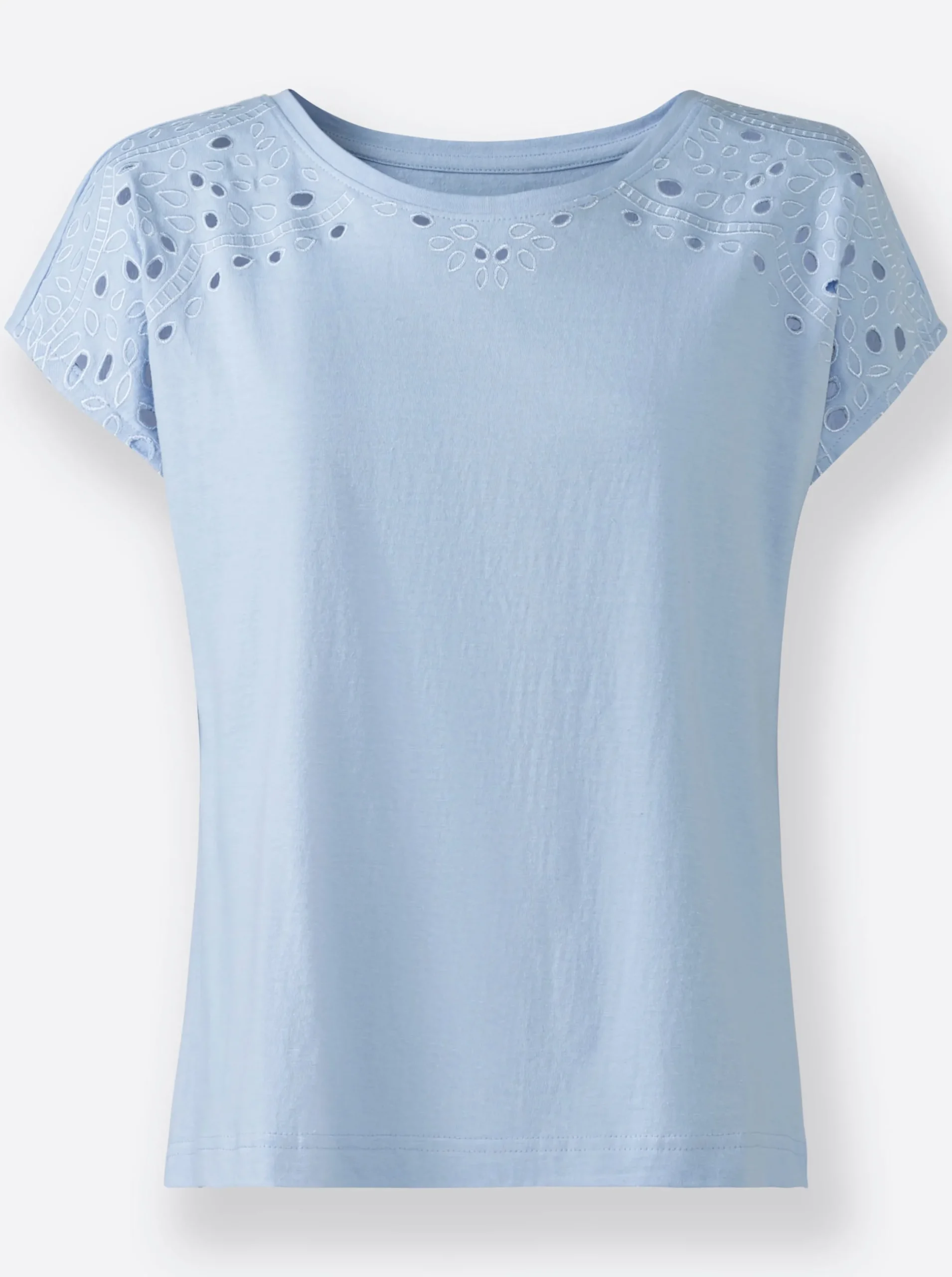 Shirts| Rundhalsshirt mit Loch-Stickerei eisblau