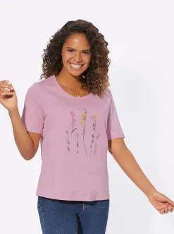 Shirts| Rundhalsshirt mit platziertem Blumen-Motiv rosé
