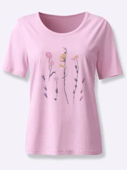 Shirts| Rundhalsshirt mit platziertem Blumen-Motiv rosé