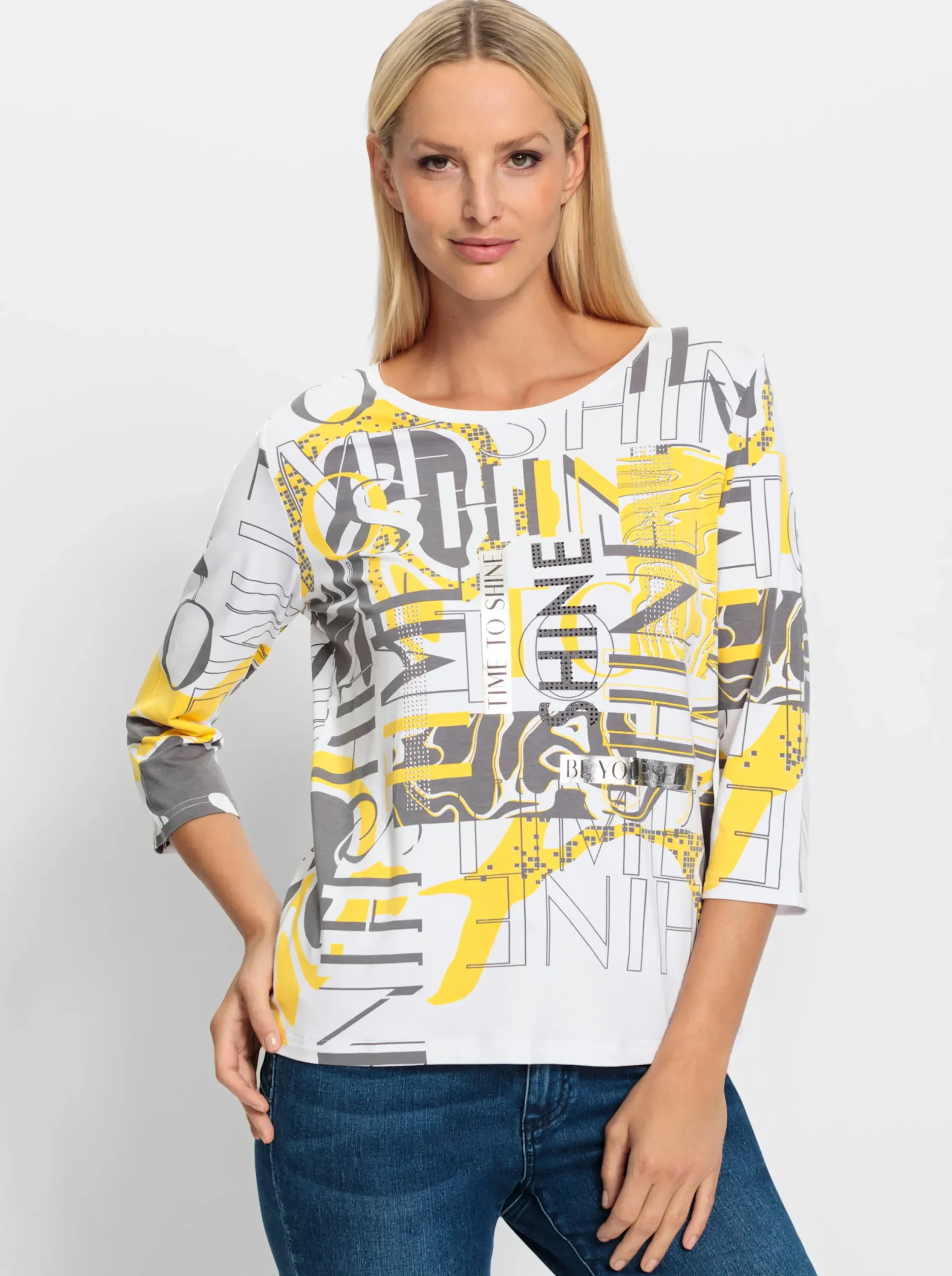 Shirts|heine Rundhalsshirt mit Print-Dessin sonnengelb-schwarz-bedruckt